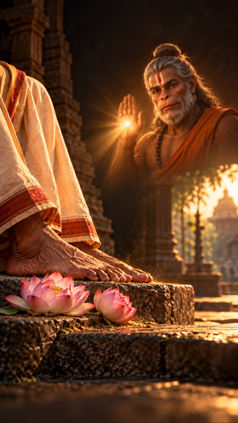 Guru's lotus feet, with Hanuman ji offering his blessing